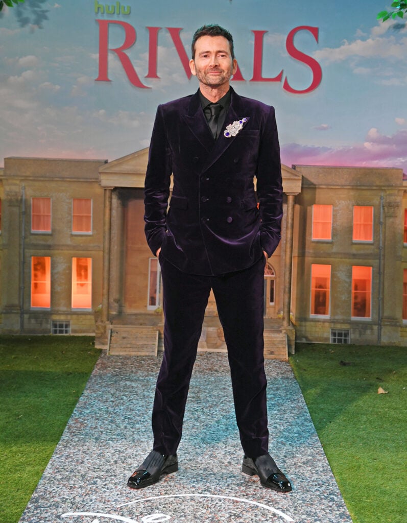 David Tennant wore a velvet double-breasted suit to the Rivals Season 2 premiere at BFI IMAX London.