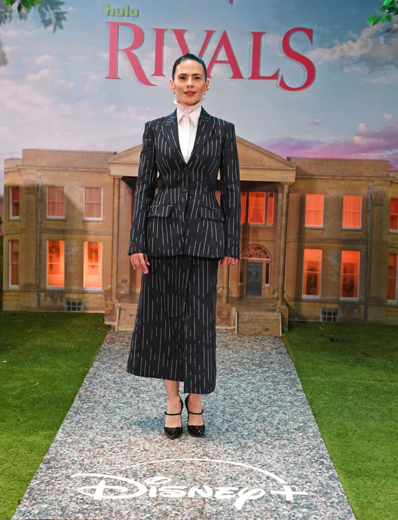 Hayley Atwell wore an Erdem suit to the Rivals Season 2 world premiere at London’s BFI IMAX.