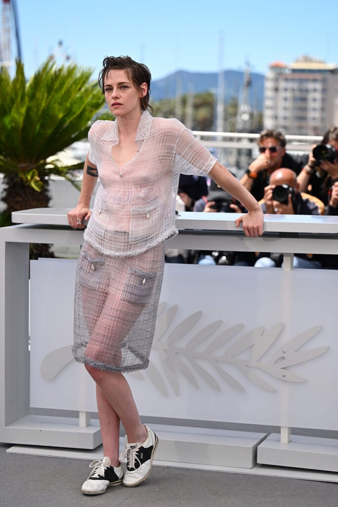 Kristen Stewart wears Chanel Spring 2026 Haute Couture tweed separates at the Full Phil Cannes Film Festival photocall