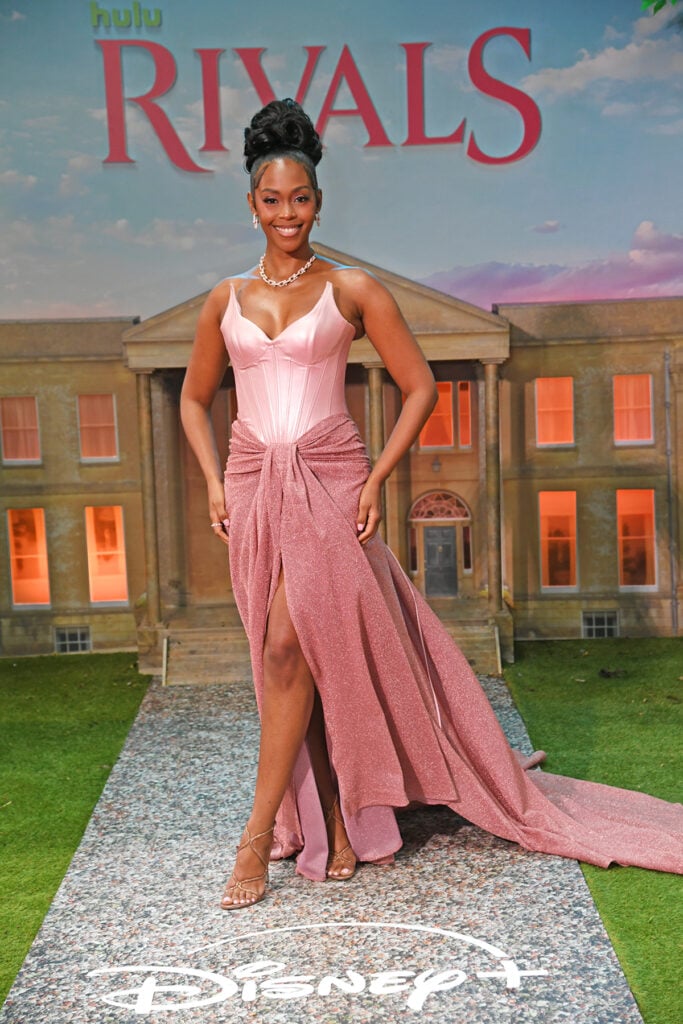Nafessa Williams wore a pink Khaled & Marwan gown to the Rivals Season 2 premiere in London.