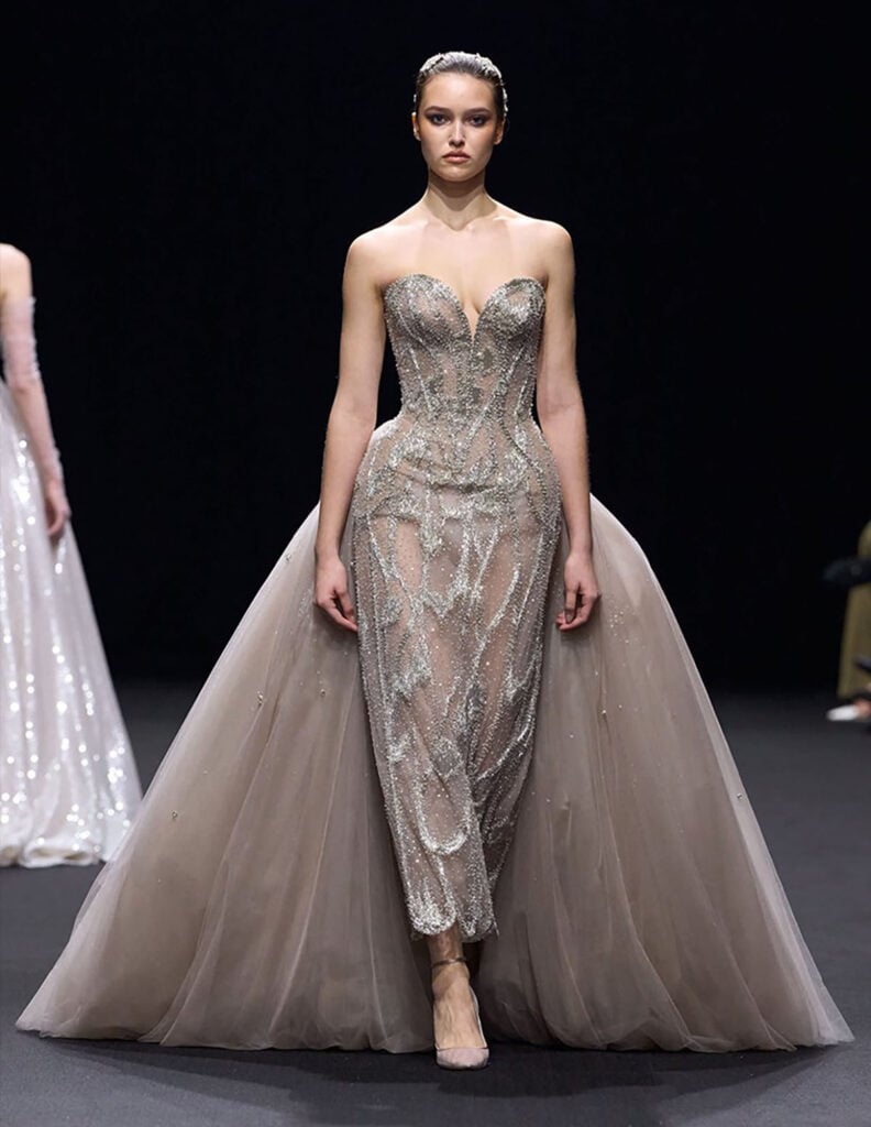 Paolo Sebastian Fall 2025 strapless embellished gown with tulle train on the runway
