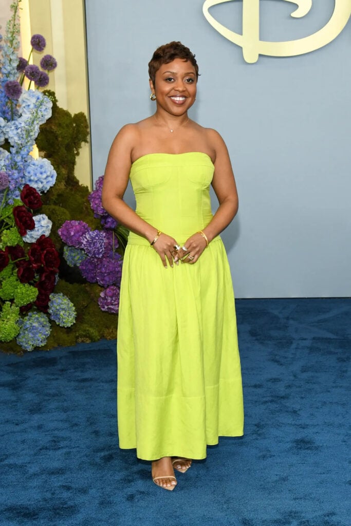 Quinta Brunson wearing a lime-green Hunter Bell dress at the 2026 Disney Upfront
