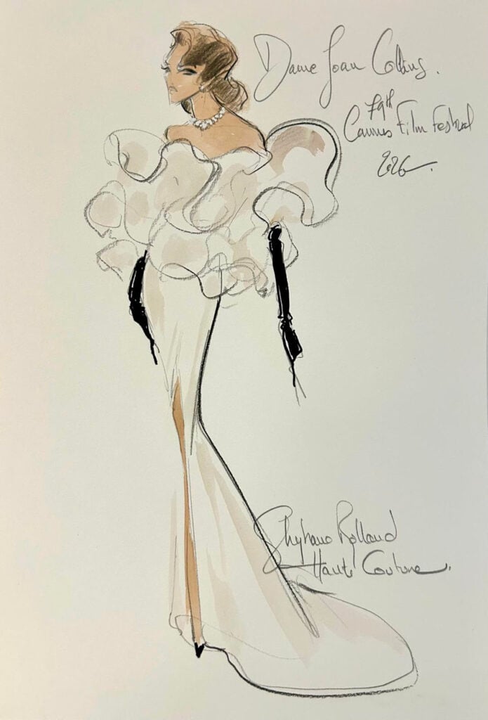 Sketch of Dame Joan Collins’ custom Stéphane Rolland Haute Couture gown for the Cannes Film Festival