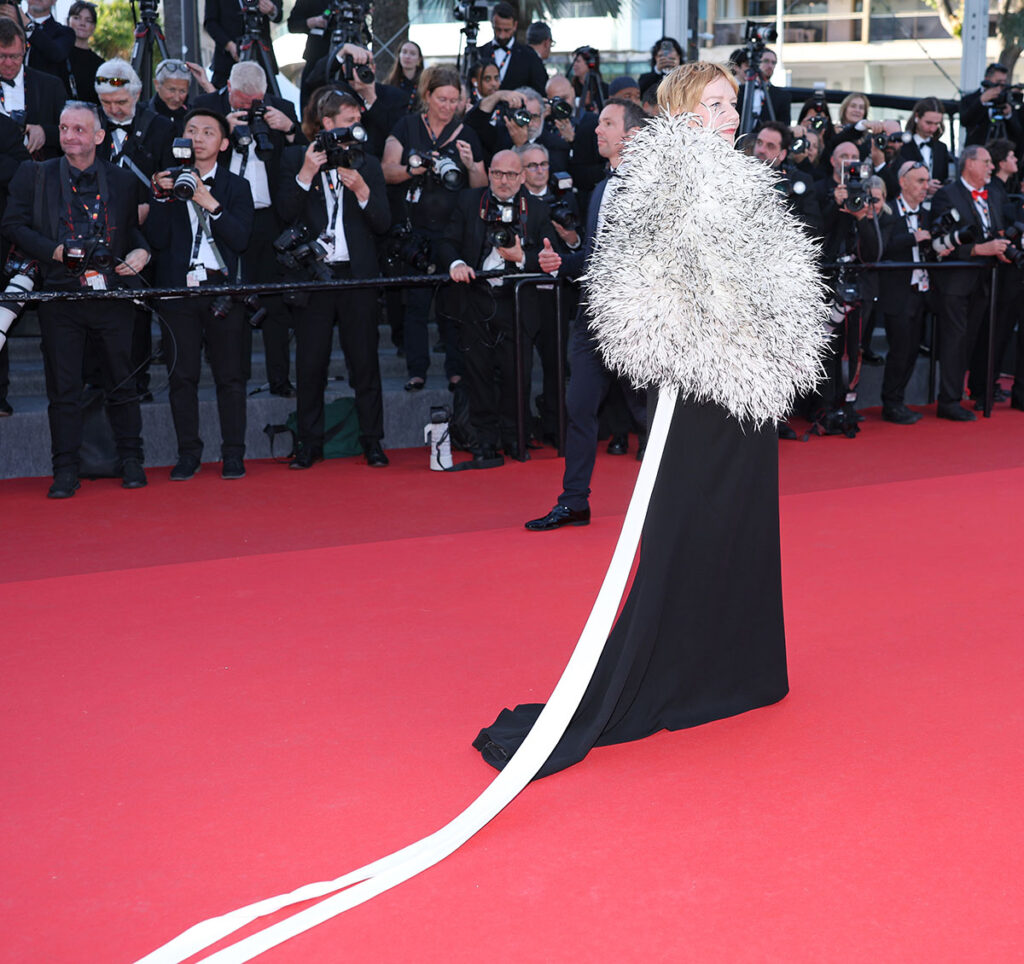The back of Sandra Hüller wearing custom Chanel Haute Couture at the ‘Fatherland’ premiere during Cannes Film Festival