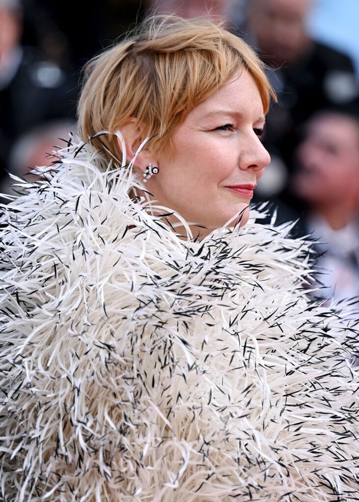 close up of Sandra Hüller wearing custom Chanel Haute Couture at the ‘Fatherland’ premiere during Cannes Film Festival