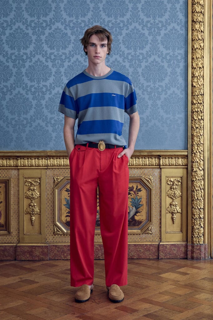 Dior Pre-Fall 2026 menswear striped knit and red trousers from Jonathan Anderson's collection