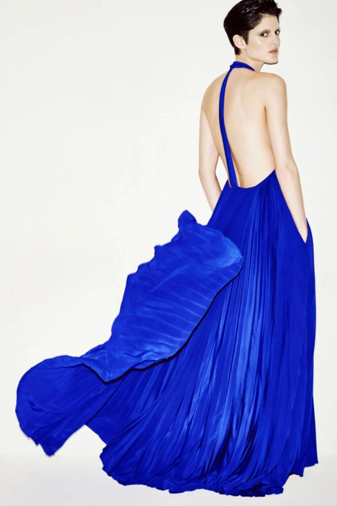 Tom Ford Resort runway look featuring the cobalt-blue pleated halter gown.