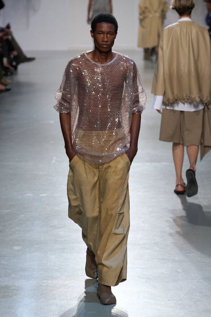 Niccolò Pasqualetti Spring 2026 menswear look featuring a sequinned sheer knit top on the runway