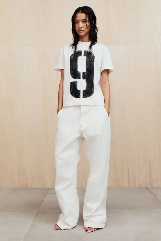 Fear Of God Spring 2026 white '9' T-shirt and Japanese broken twill workwear trousers.