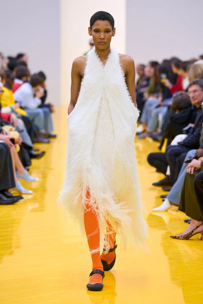 Loewe white feather-textured halter dress from the Fall 2026 runway collection