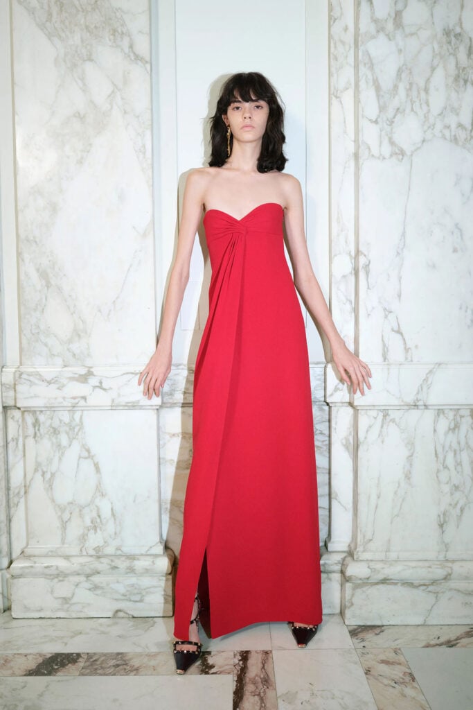 Valentino Pre-Fall 2026 red strapless gown shown in the collection look book