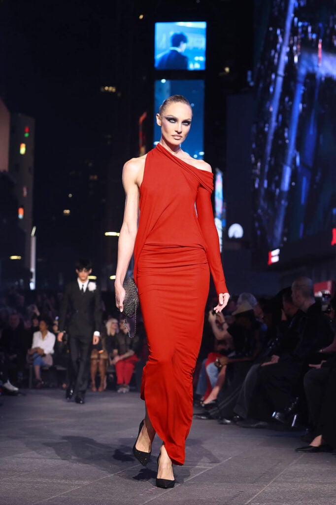 Gucci Resort 2027 runway look that inspired Kim Kardashian's custom cream draped Monaco Grand Prix dress.