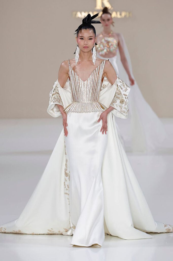 Tamara Ralph Spring 2026 Couture gown featuring a mother-of-pearl and crystal corset with an off-white satin skirt.