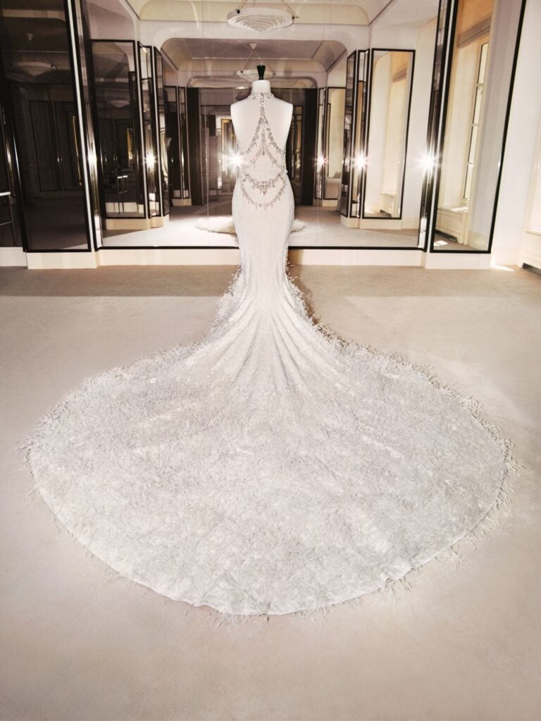 View of Dua Lipa’s custom Chanel Haute Couture wedding gown and embroidered veil at Villa Valguarnera in Sicily.