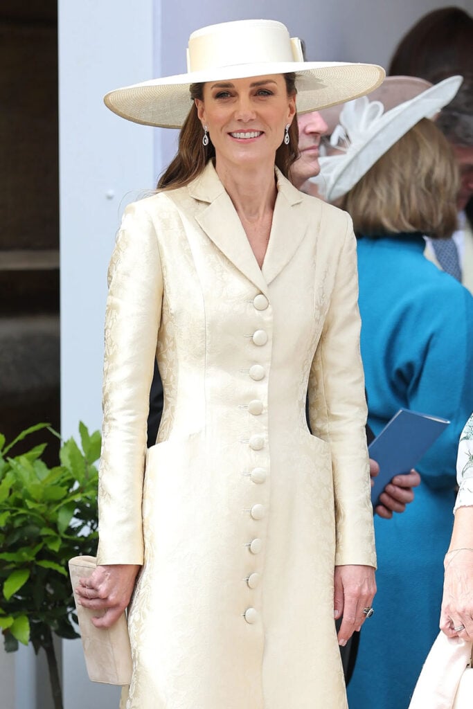Catherine, Princess of Wales, wearing a Jane Taylor hat trimmed with matching Stephen Walters fabric at Windsor Castle