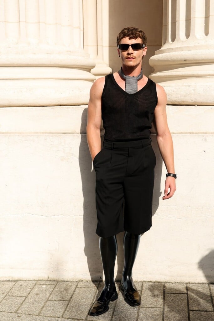 Connor Storrie wearing Saint Laurent at the Spring 2027 menswear show during Paris Fashion Week.
