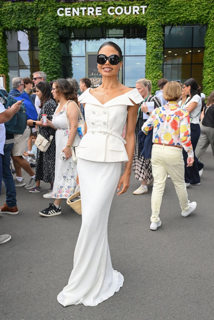Emma Thynn, Marchioness of Bath, wears Self-Portrait at Wimbledon 2026.