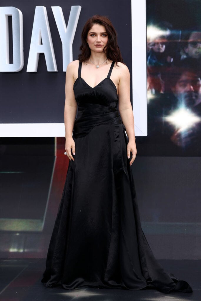 Eve Hewson wearing a black Collina Strada gown at the Disclosure Day London premiere.