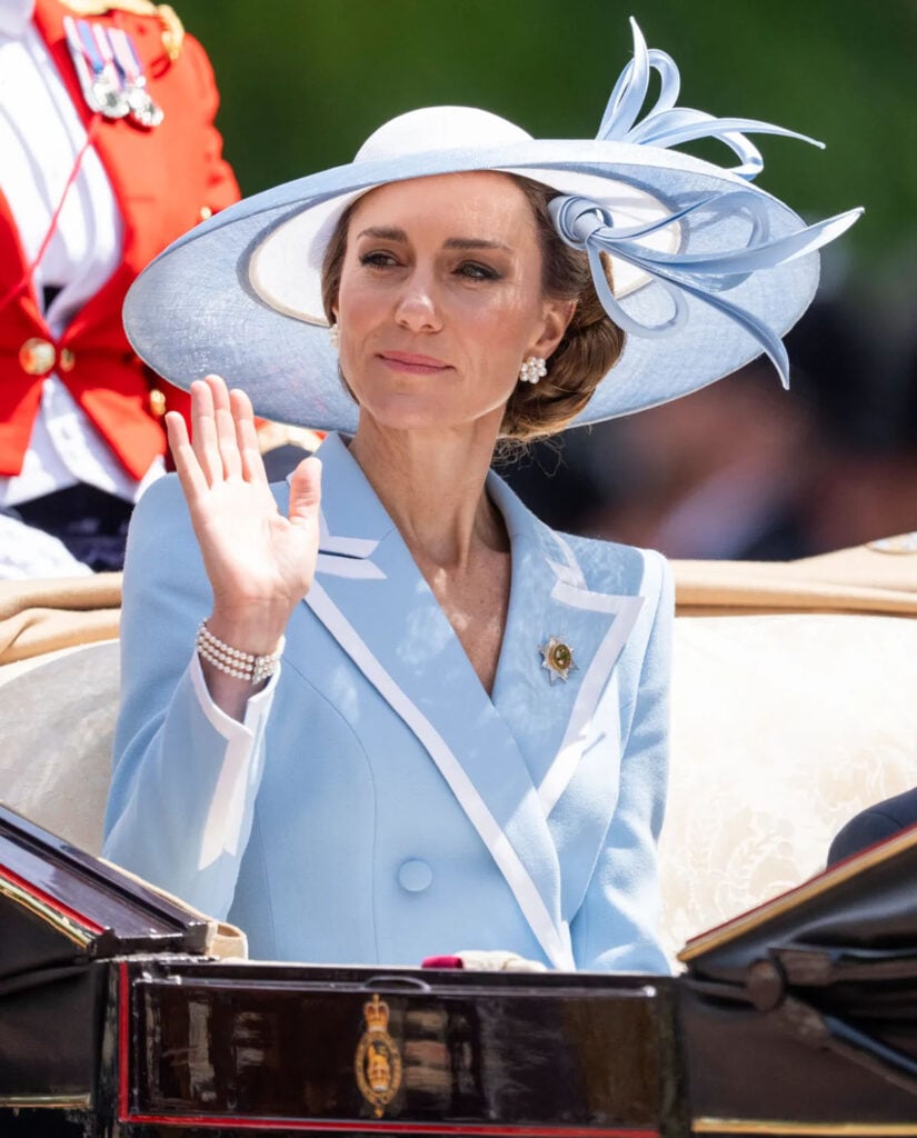 Princess Kate arriving for Trooping the Colour wearing Catherine Walker and a Philip Treacy hat