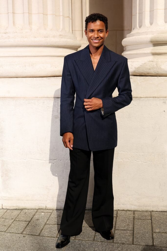 Jaafar Jackson wearing Saint Laurent at the Spring 2027 menswear show during Paris Fashion Week.