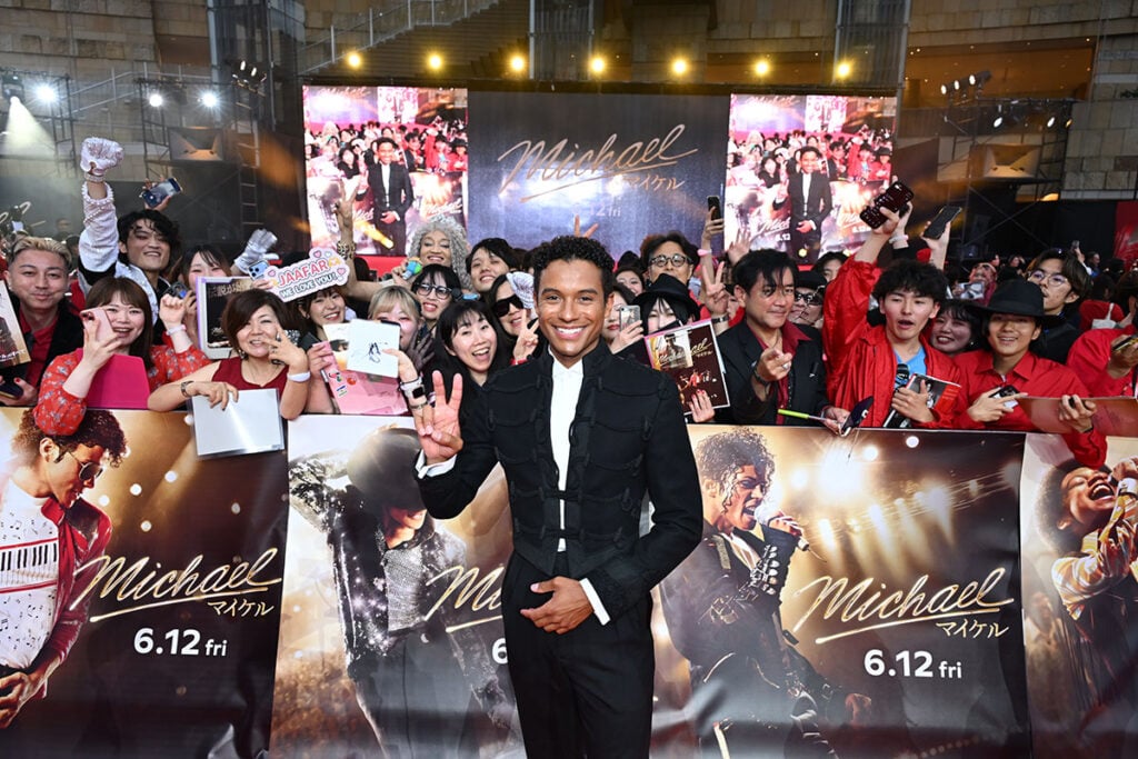 Close-up of Jaafar Jackson with fans at the Michael Japan premiere in Tokyo.