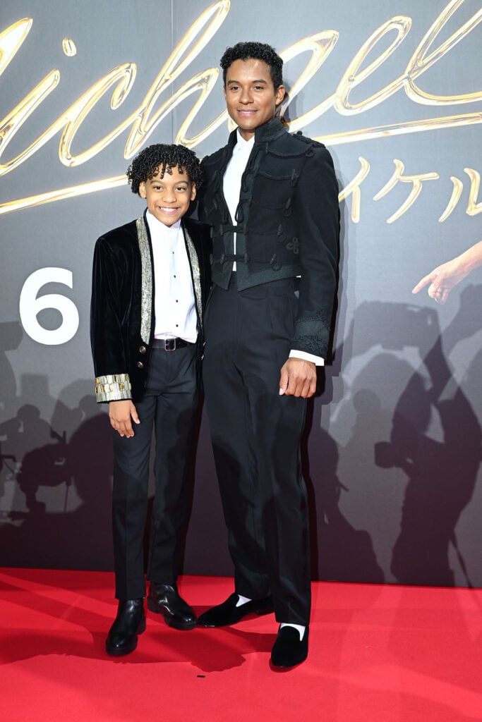 Jaafar Jackson and Juliano Valdi attend the Michael Japan premiere in coordinated black looks in Tokyo.