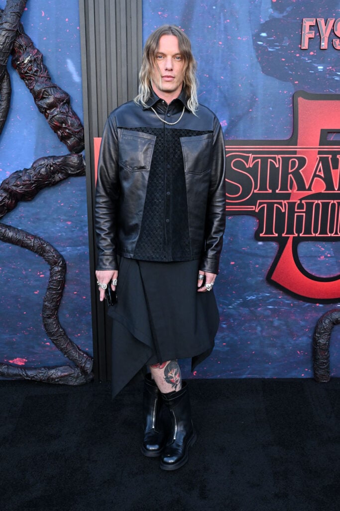 Jamie Campbell Bower wears McQueen at the Netflix Stranger Things Emmys FYSEE event.