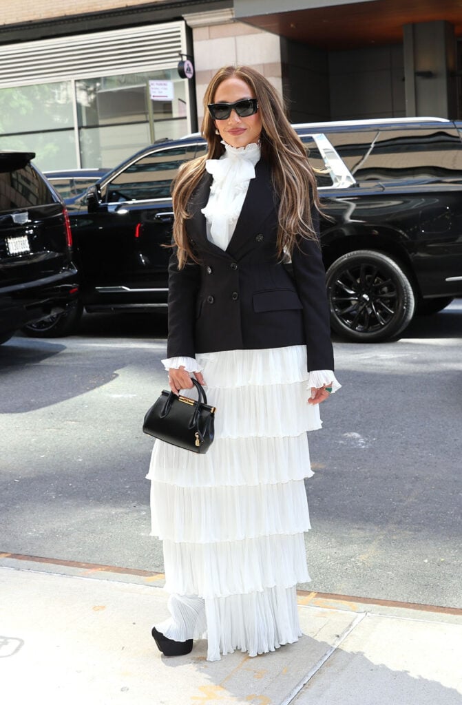 Jennifer Lopez wearing an Elisabetta Franchi look during the Office Romance New York press tour