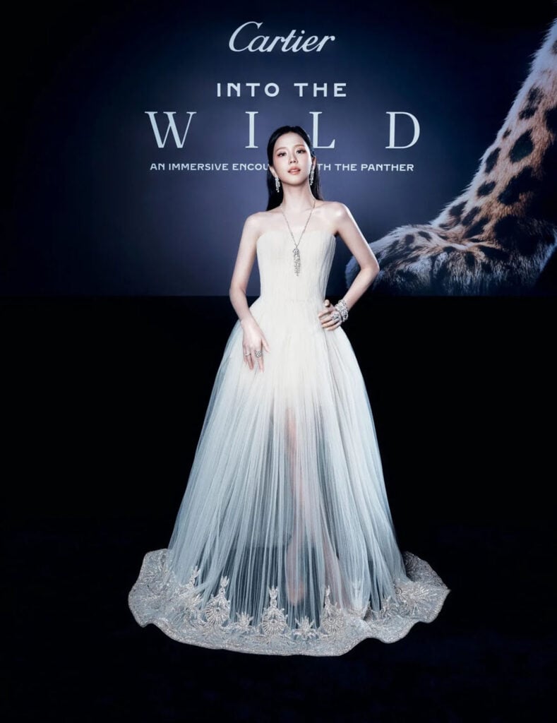 Jisoo wears Georges Hobeika Fall 2026 Couture at Cartier's Into the Wild exhibition opening in Seoul, South Korea.