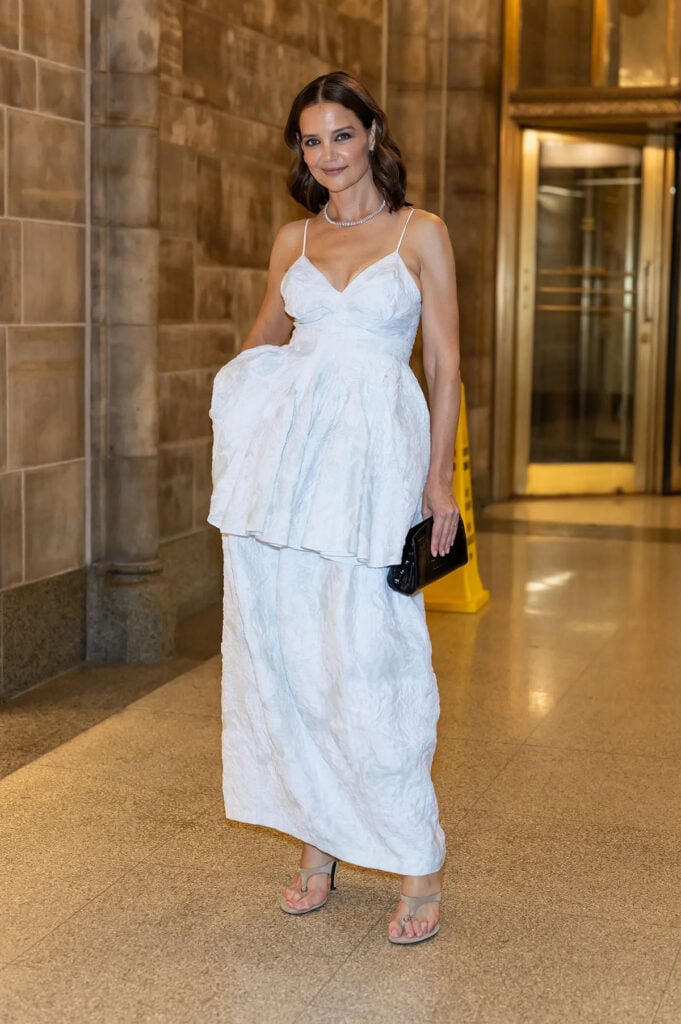 Katie Holmes in a white Ashlyn dress with textured fabric at the 2026 American Ballet Theatre Spring Gala in New York City