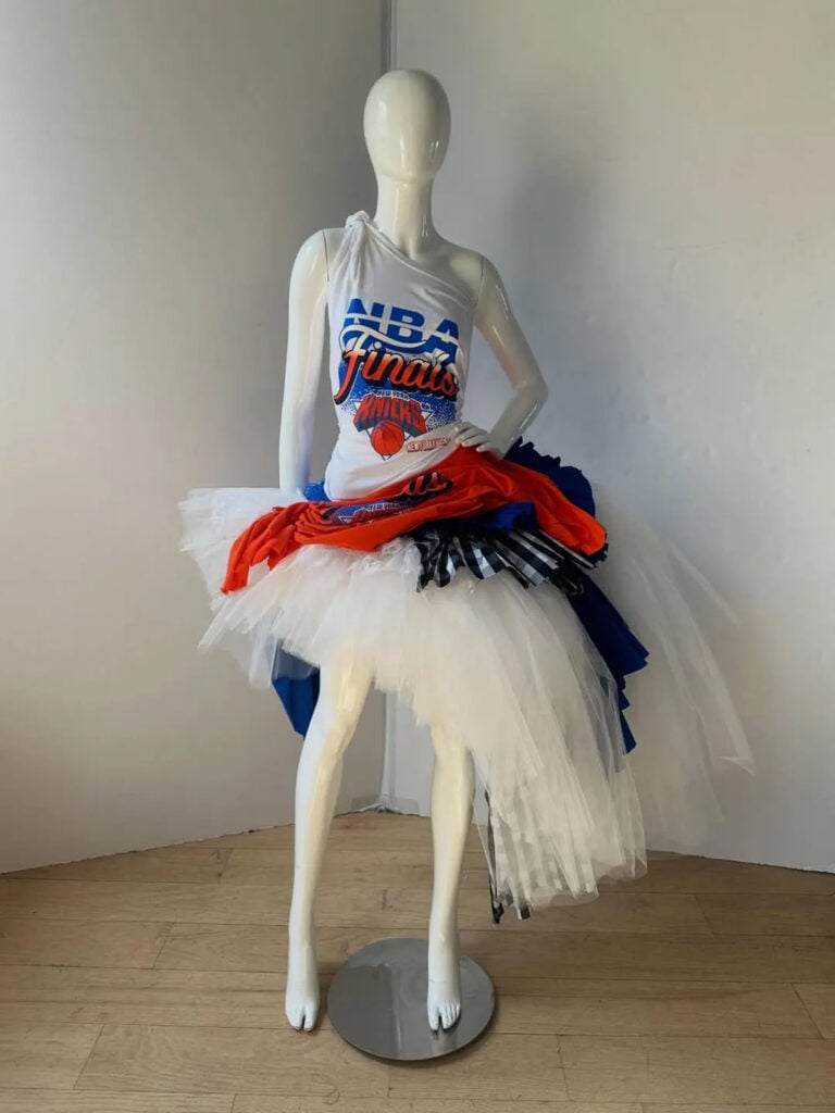 Claire Sullivan's tutu-inspired Knicks design shared on Instagram featuring a vintage NBA Finals T-shirt and layered blue-and-orange tulle