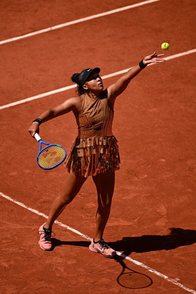 Naomi Osaka wearing a sequinned Nike x Germanier tennis dress during the 2026 French Open in Paris
