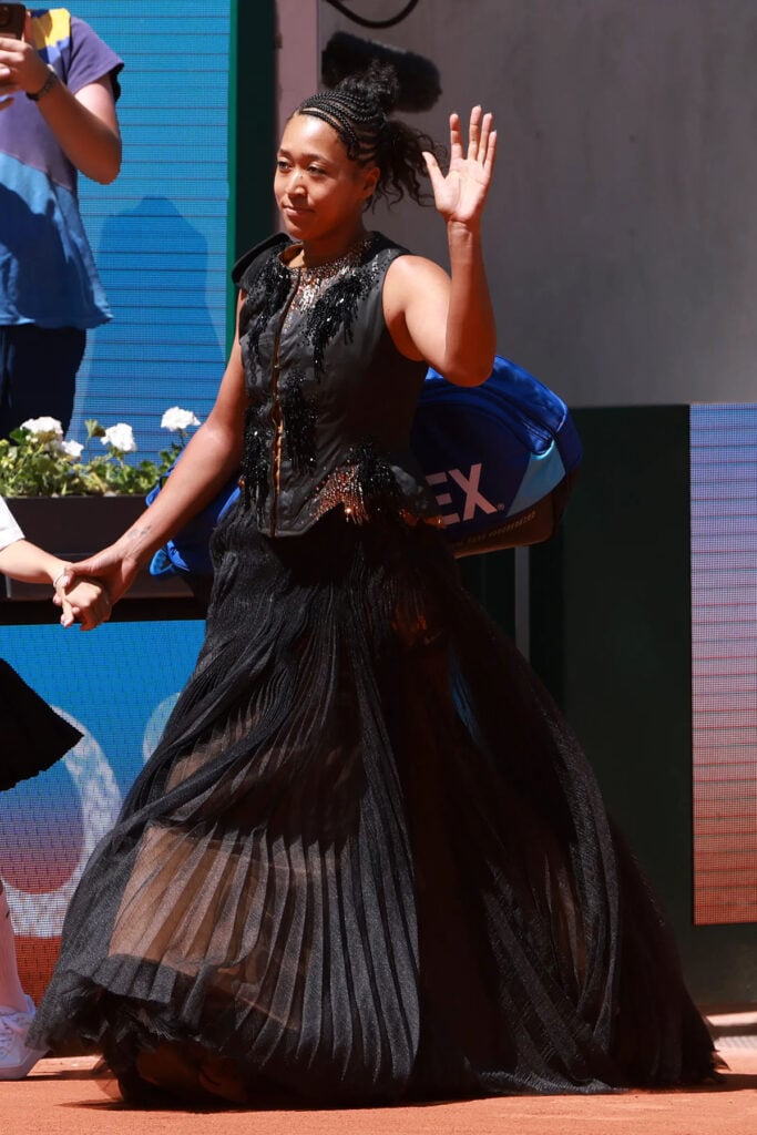 Naomi Osaka wearing a Nike x Germanier sequinned tennis look at Roland-Garros 2026 in Paris