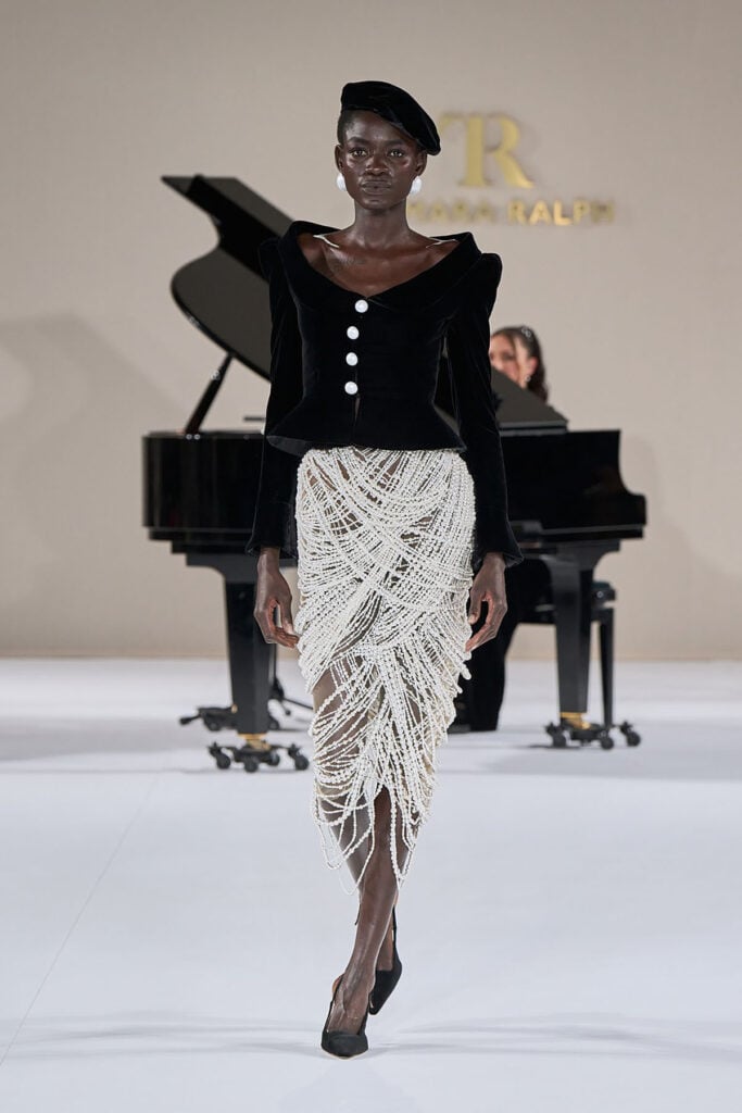 Tamara Ralph Spring 2025 Couture pearl-embroidered skirt and velvet corset look on the runway