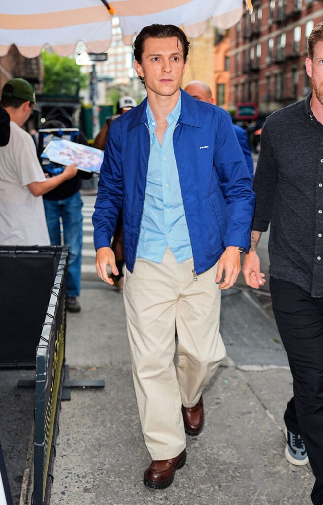 Tom Holland wearing Prada at a Spider-Man: Brand New Day press junket in New York