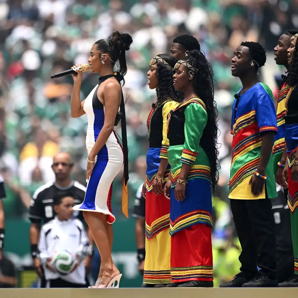 Tyla wearing a custom Ellie Misner dress inspired by the colours of the South African flag at the FIFA World Cup 2026 opening ceremony