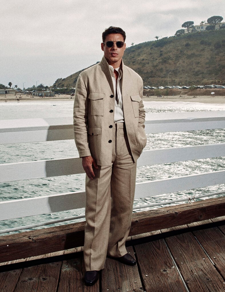Cauã Reymond wearing ZEGNA at the Summer 2027 runway show held at Malibu Pier in Los Angeles