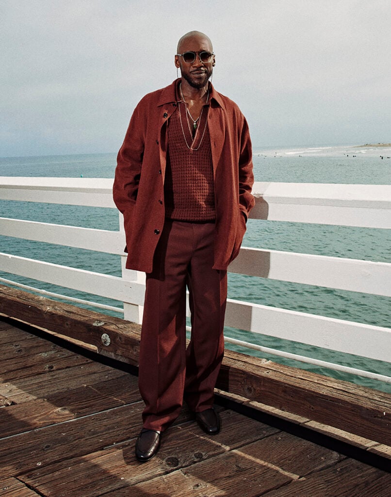Mahershala Ali wearing ZEGNA at the Summer 2027 runway show held at Malibu Pier in Los Angeles