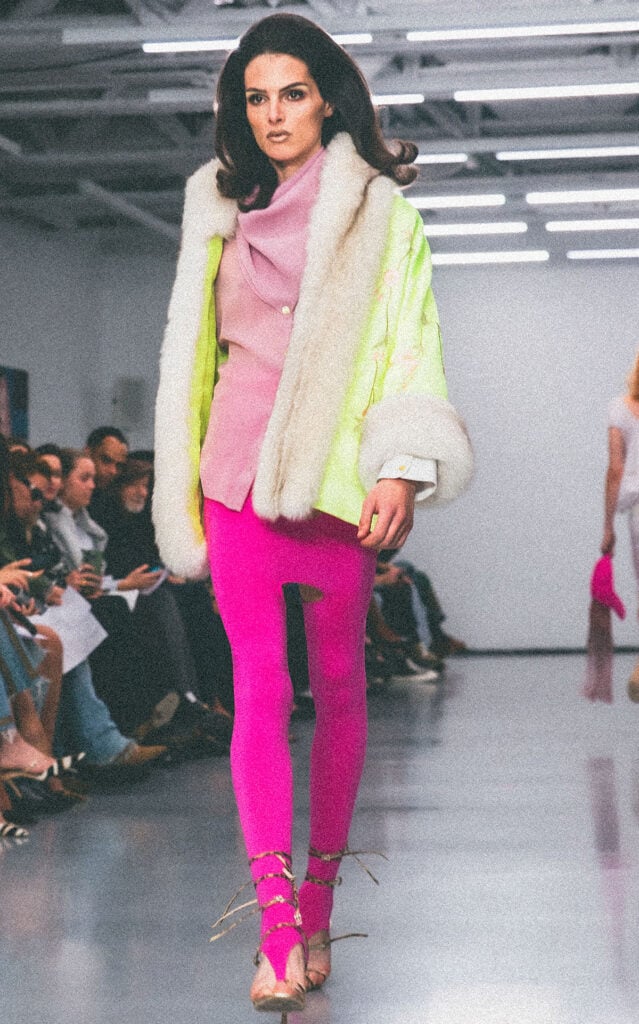 Conner Ives Demi Couture fur-trimmed embroidered silk-mikado robe on the runway.