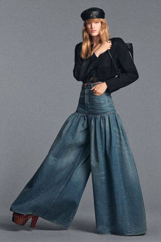 Chloé Pre-Fall 2026 black lace jacket with oversized wide-leg denim trousers from the collection