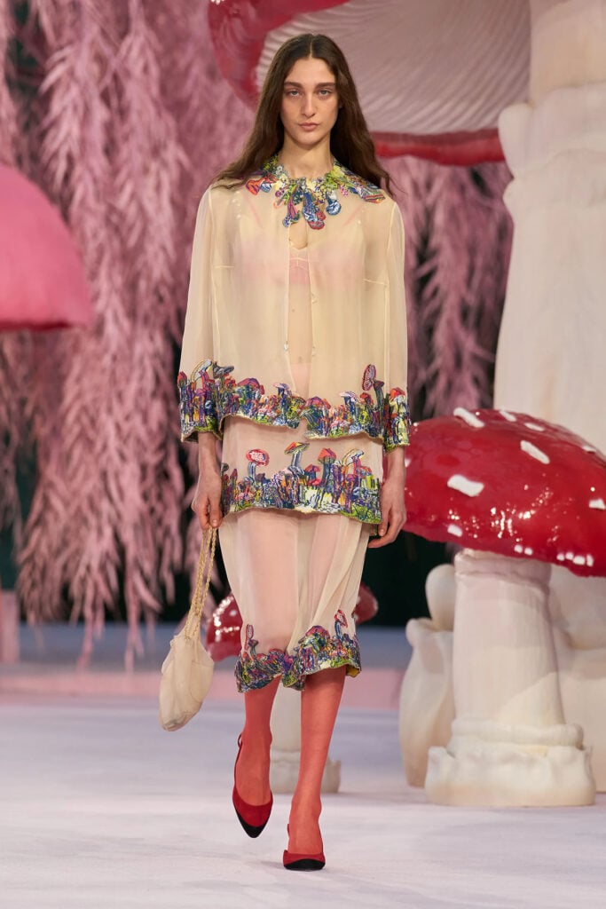 Chanel Spring 2026 Haute Couture runway look featuring an embroidered muslin dress with matching jacket and layered skirt.