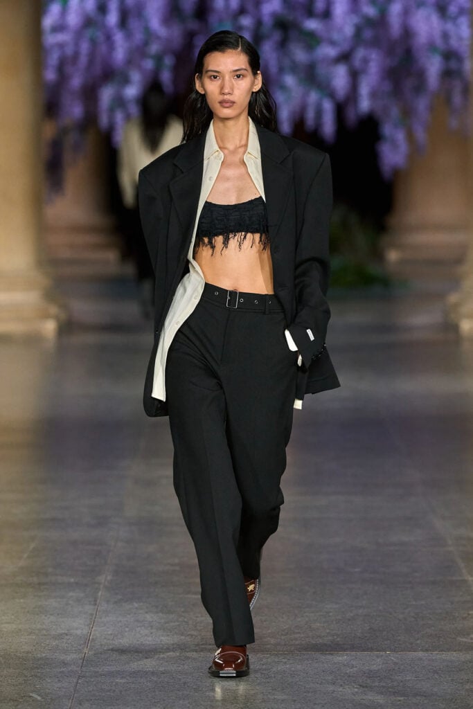 Mithridate Fall 2026 oversized tailored look with distressed bralette on the runway.