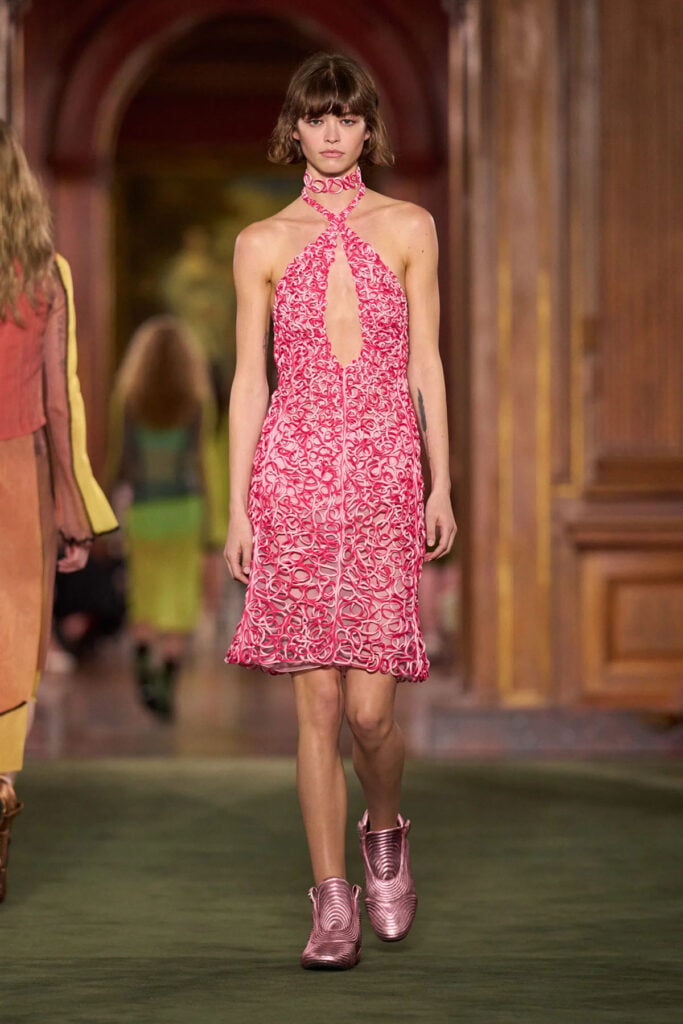 Louis Vuitton Resort 2027 pink braid-embroidered keyhole dress on the runway.