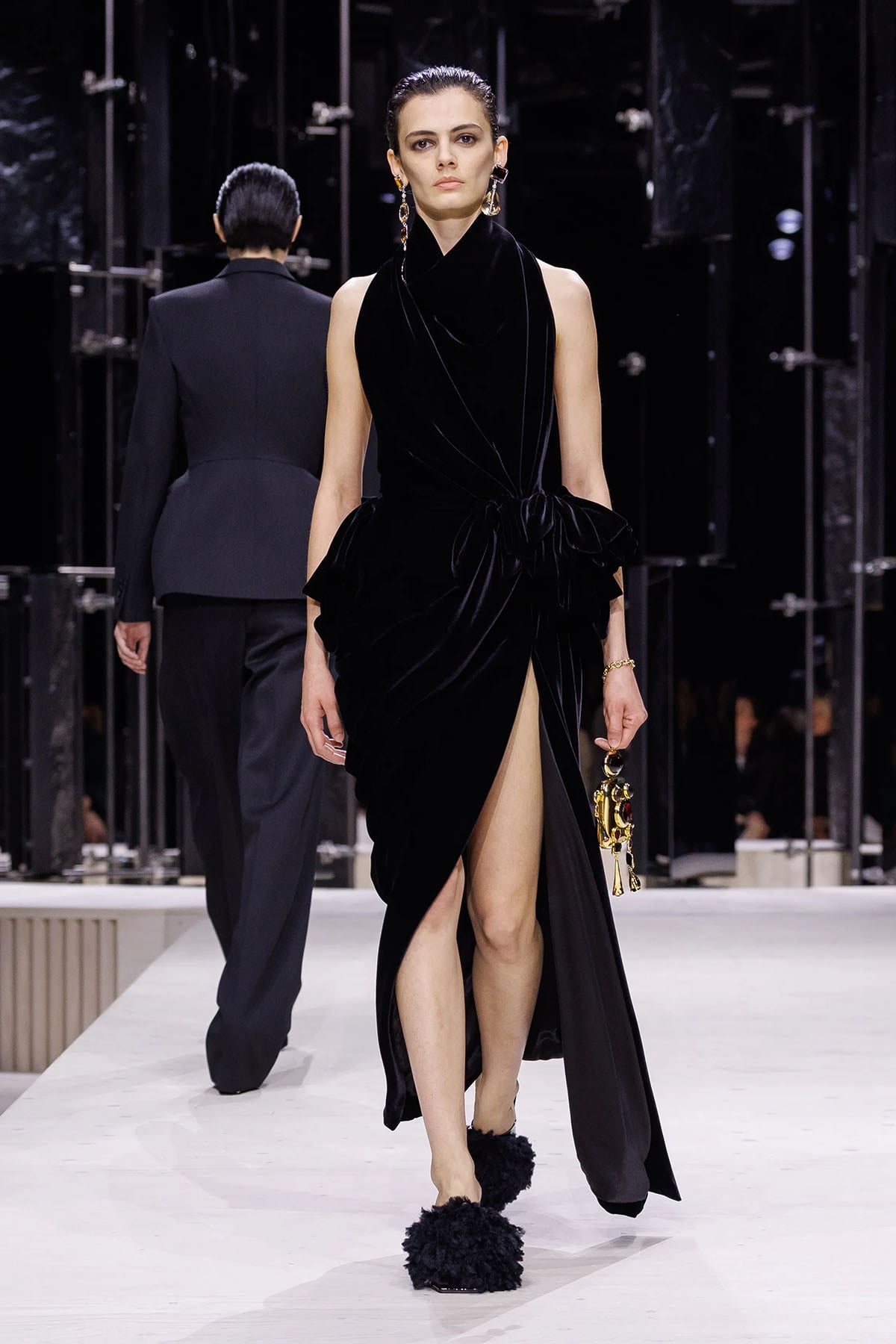 Givenchy Fall 2026 black velvet gown by Sarah Burton on the runway.