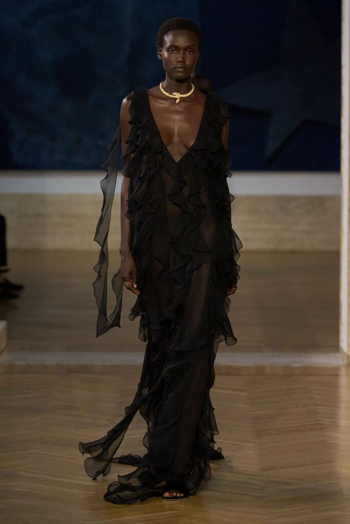 Fendi Fall 2026 Couture black silk chiffon gown with cascading ruffles on the runway.
