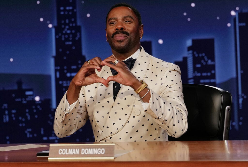 Colman Domingo opens Jimmy Kimmel Live! wearing a custom ivory dunhill ensemble.