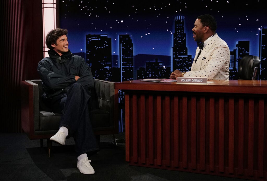 Colman Domingo interviews Jacob Elordi on Jimmy Kimmel Live! wearing custom dunhill.