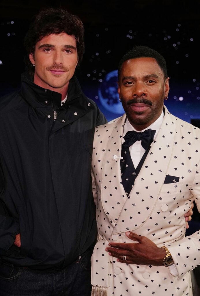 Jacob Elordi joins Colman Domingo on Jimmy Kimmel Live! wearing Bottega Veneta.