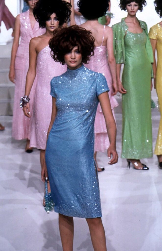 Chanel Spring 1997 by Karl Lagerfeld lime-green sequinned gown presented with a matching cropped jacket on the runway.