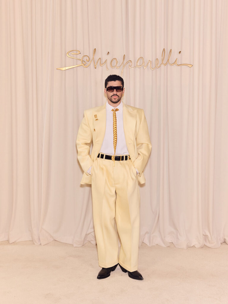 Bad Bunny wearing a custom lemon Schiaparelli suit at the Schiaparelli Fall 2026 Haute Couture